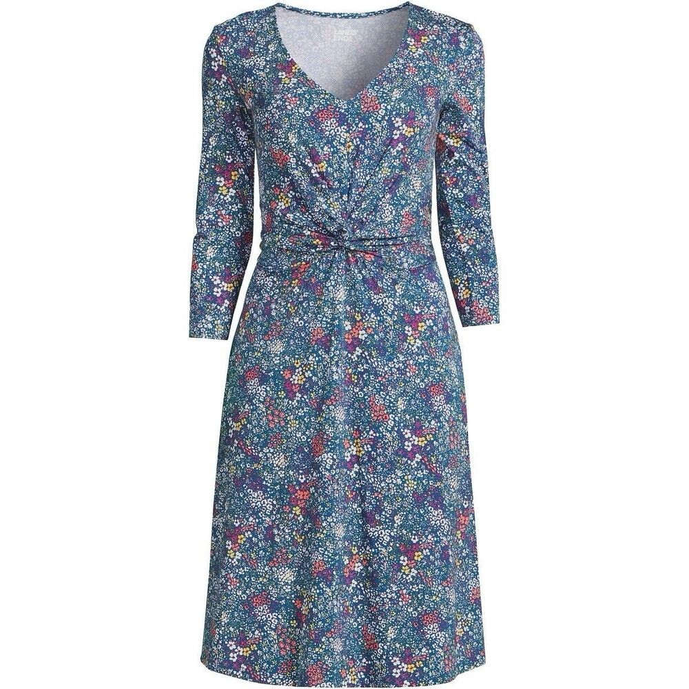 Lands' End Dress Women M Teal Floral Midi Maxi Cotton Cottagecore Prairie